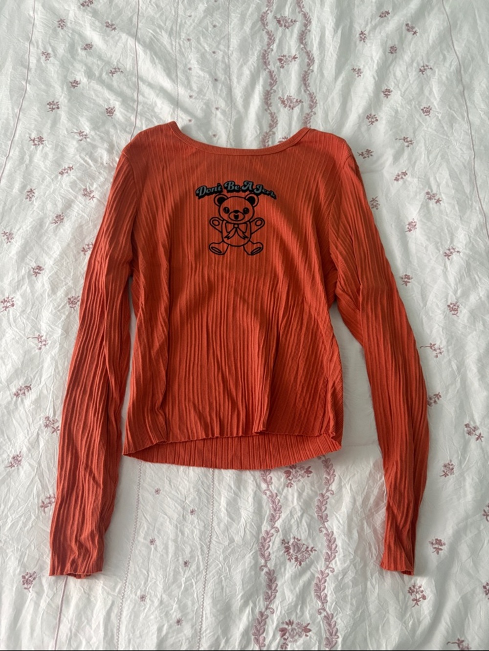 Women's Orange Ribbed Long-Sleeve Top with Bear Graphic